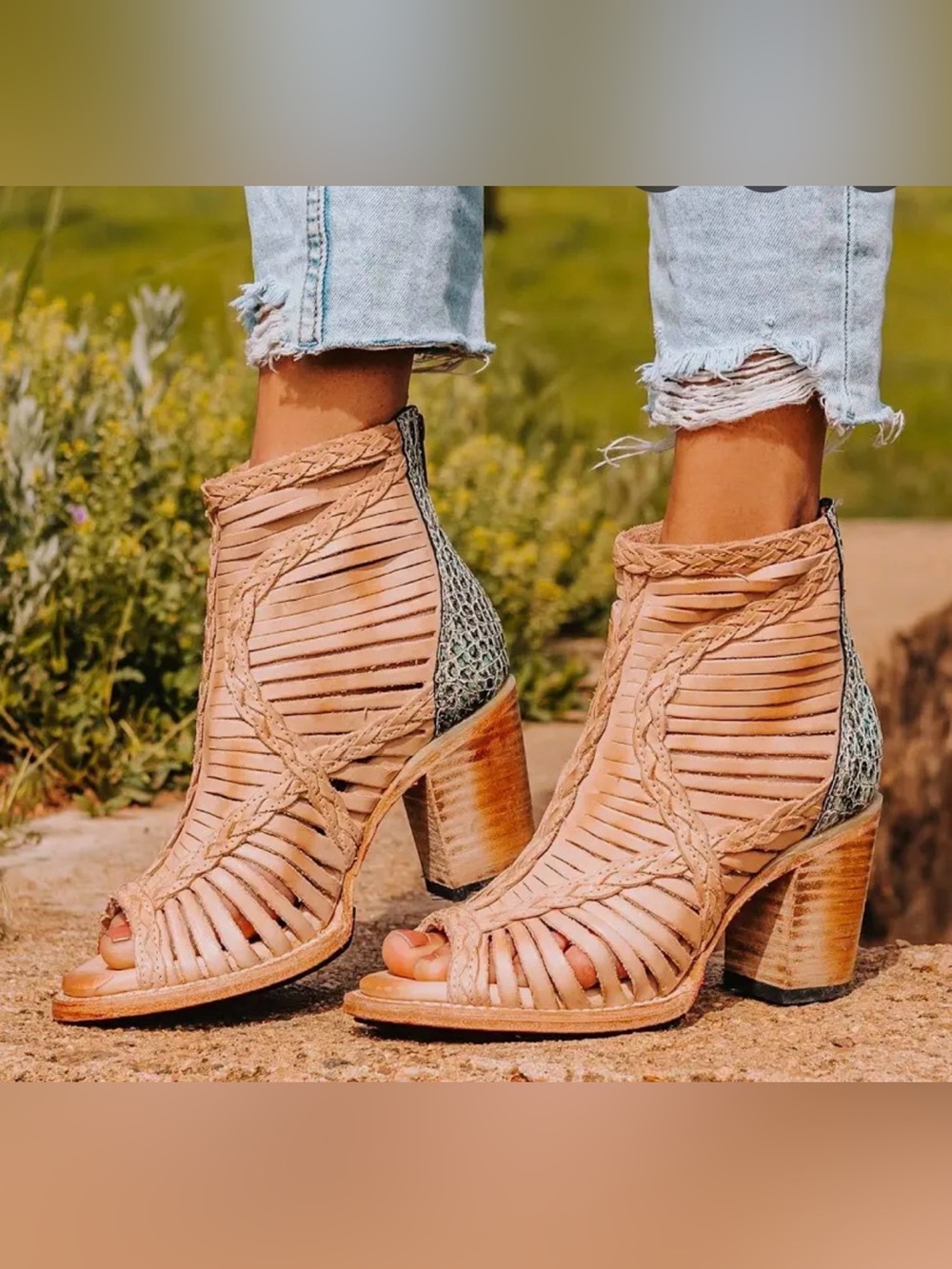 Freebird by Steven Taupe Strappy Peep-Toe Block Heel Booties with Green Back